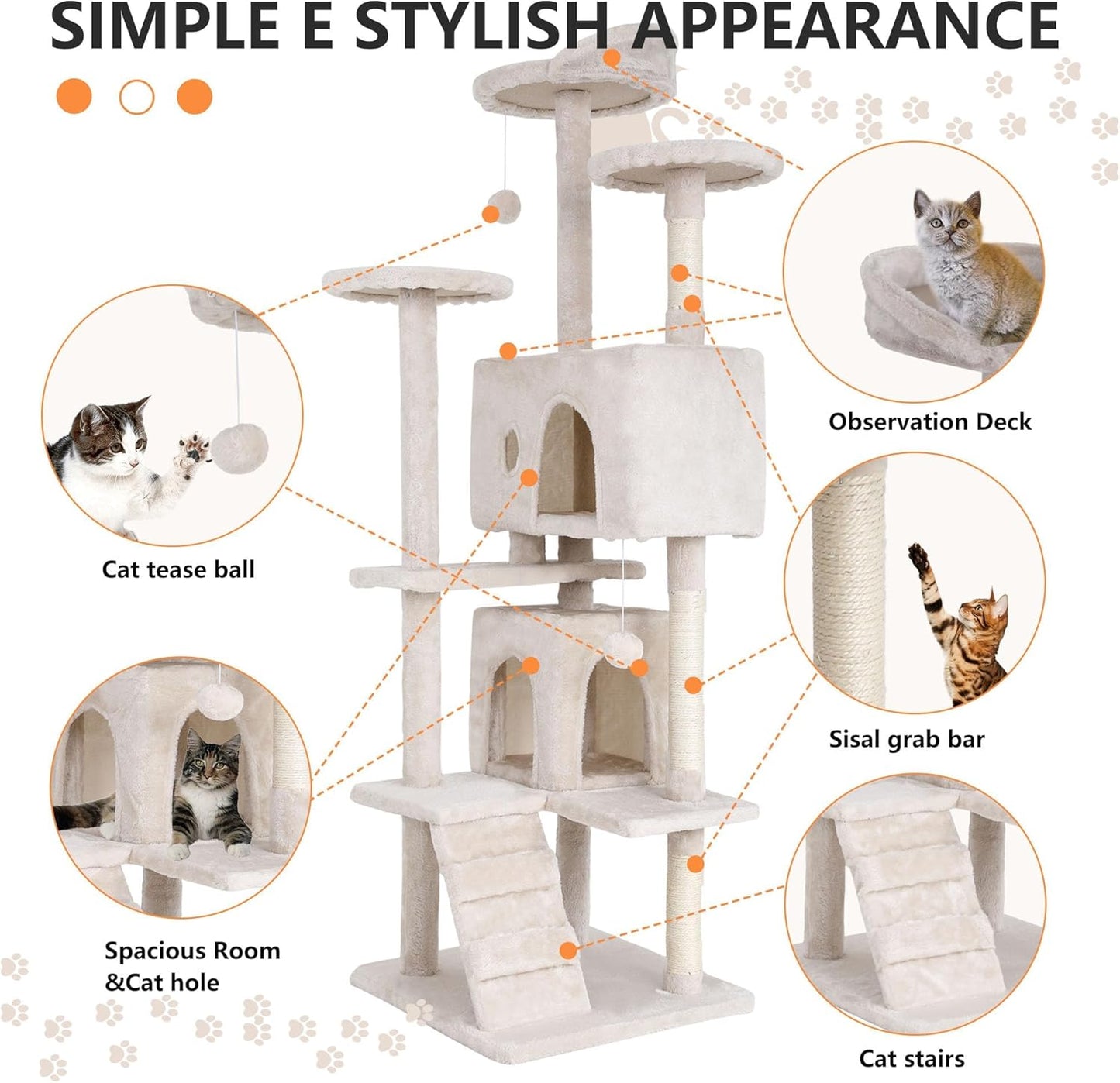 70" Cat Tree for Indoor Cats - Multi-Level Tower Kitten to Large Cats - Heavy Duty Scratching Post, Condo, Plush Perch, Beige