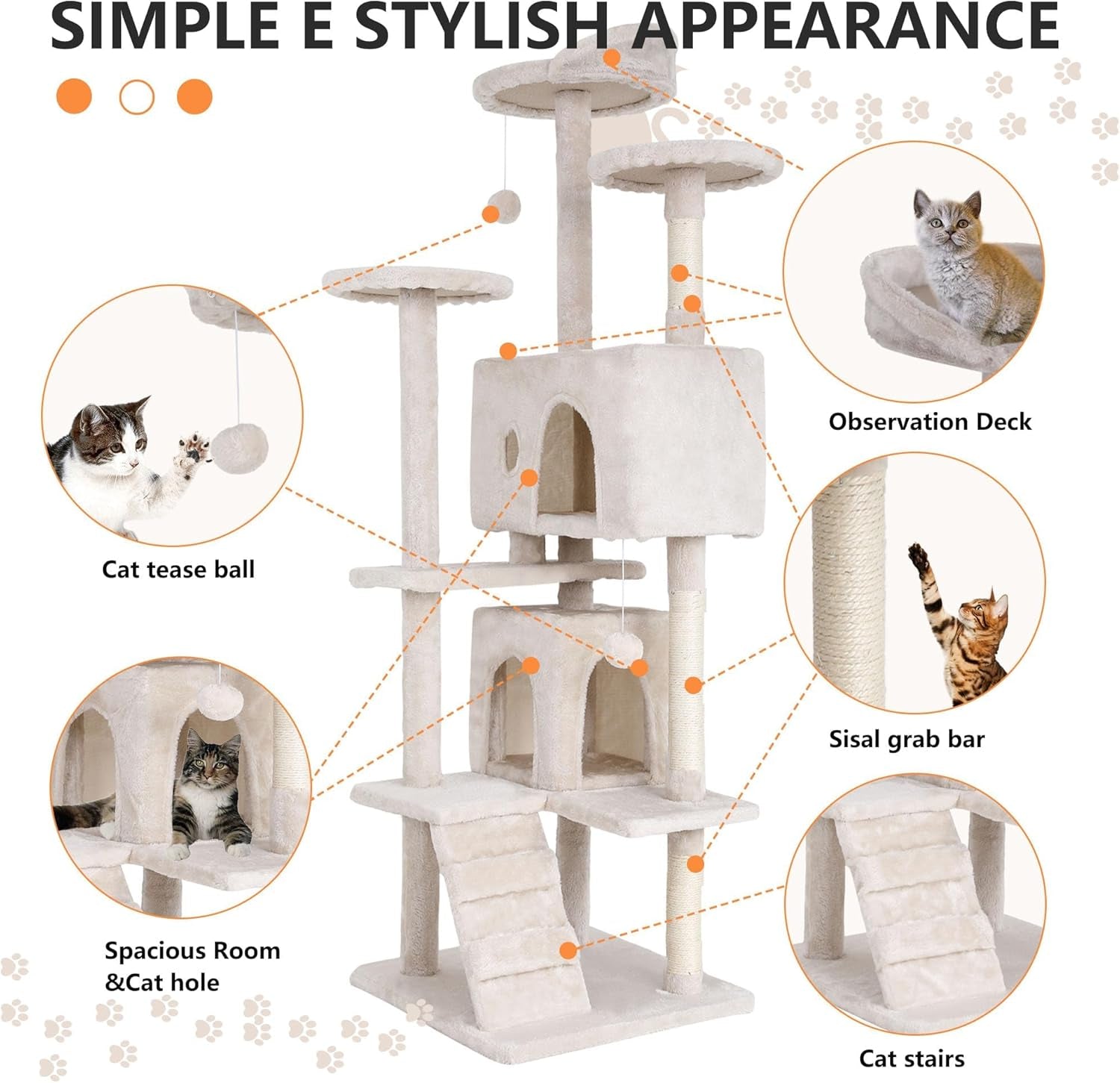 70" Cat Tree for Indoor Cats - Multi-Level Tower Kitten to Large Cats - Heavy Duty Scratching Post, Condo, Plush Perch, Beige