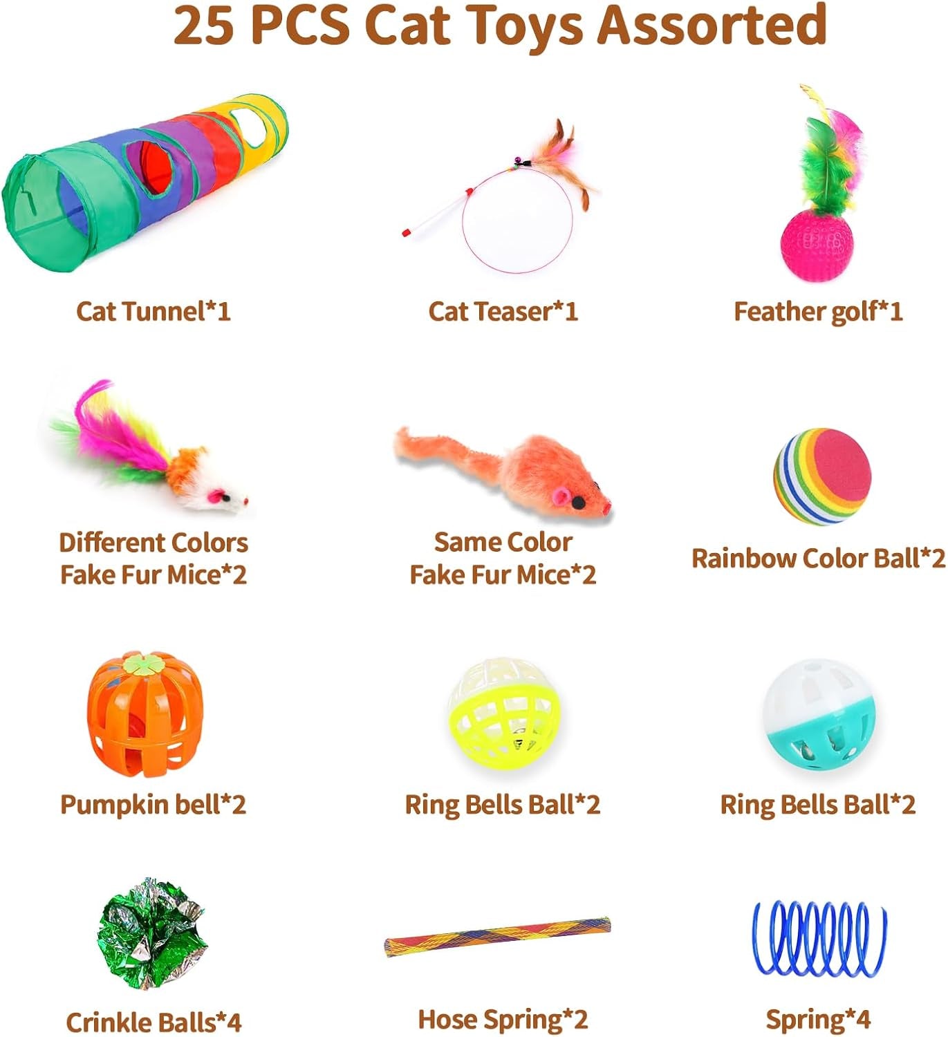 25 Pcs Cat Toys Set, Cat Tunnel Toy for Indoor Cats, Kittens | Interactive Variety Pack, 45" Rainbow Cat Tunnel, Feather Teaser, Feather Golf, Mice, Springs, Balls, Noise Toys - Colorful