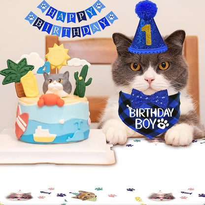Cat Birthday Party Supplies, Cat Birthday Hat with Numbers Bandana Bow Tie Collar Banner for Cats Kittens Birthday Outfit Decorations