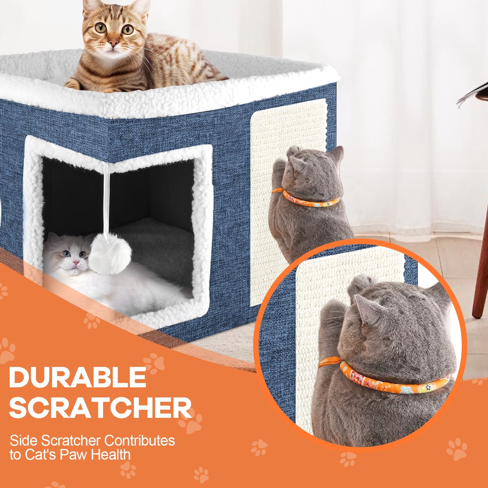 Cat Bed  Cat House for Indoor Cats with 2 Cushion, Large Cat Cave with Scratch Pad and Fluffy Ball Hanging,Blue
