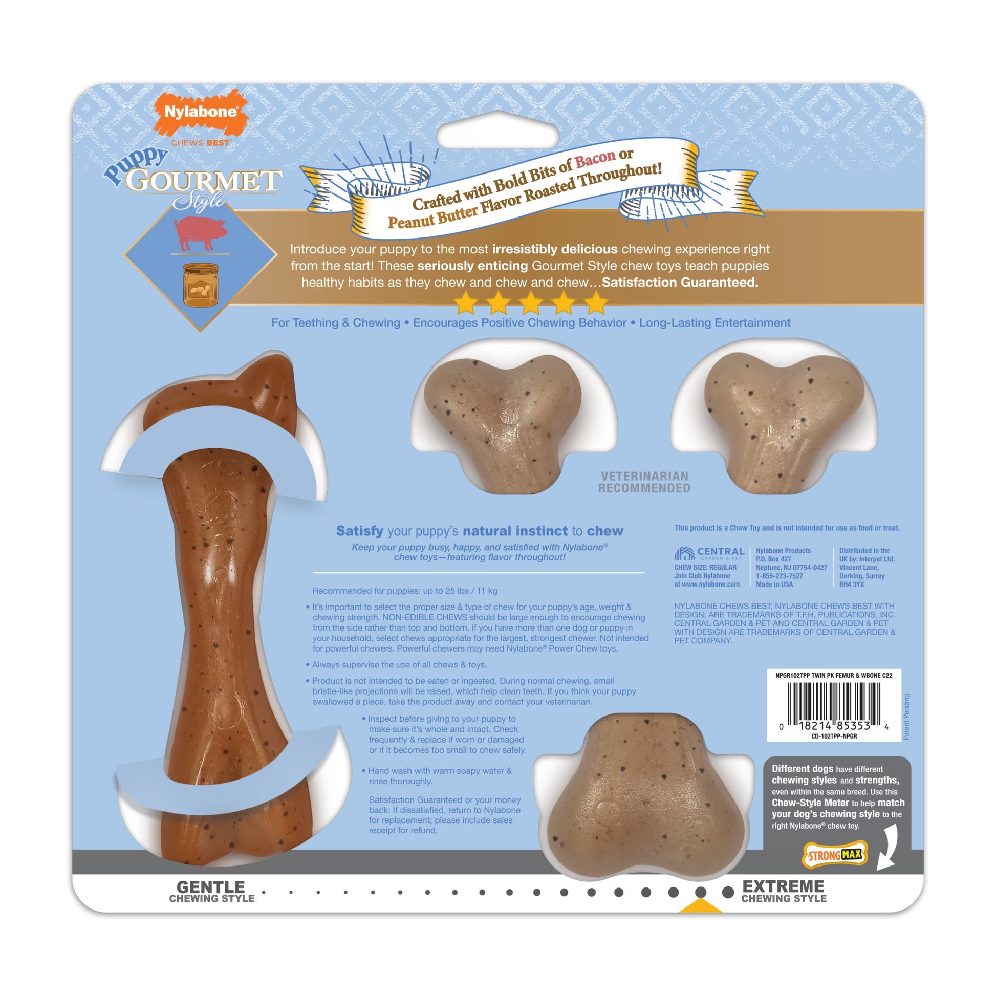 Strong Chew Gourmet Style Wishbone & Femur Bone Dog Toy, Dog Chew Toy, Peanut Butter & Bacon Flavor, Small, 2 Pack