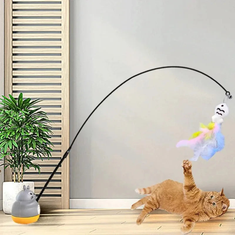 Long Steel Wire Pole Cat Teaser Wand Rotating Chinchilla Feather Fishing Toy Stress Relief Play Toy for Kittens