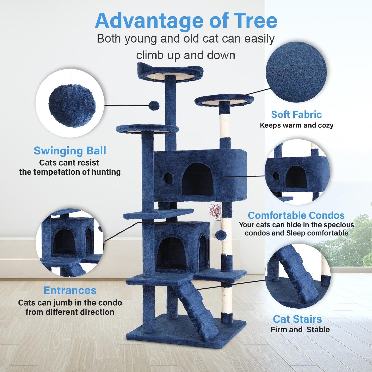 | 54" Cat Tree Tower | Navy Blue | Multi-Level Indoor Activity Center | with Sisal Scratching Posts, Condos, Plush Perches, Hanging Cat Toys | Sturdy, Easy to Assemble | for Kittens & Adult Cats