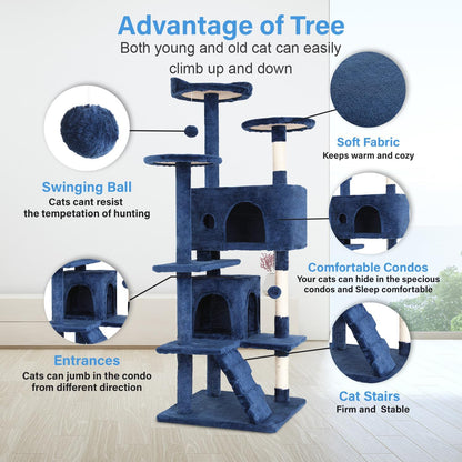 | 54" Cat Tree Tower | Navy Blue | Multi-Level Indoor Activity Center | with Sisal Scratching Posts, Condos, Plush Perches, Hanging Cat Toys | Sturdy, Easy to Assemble | for Kittens & Adult Cats