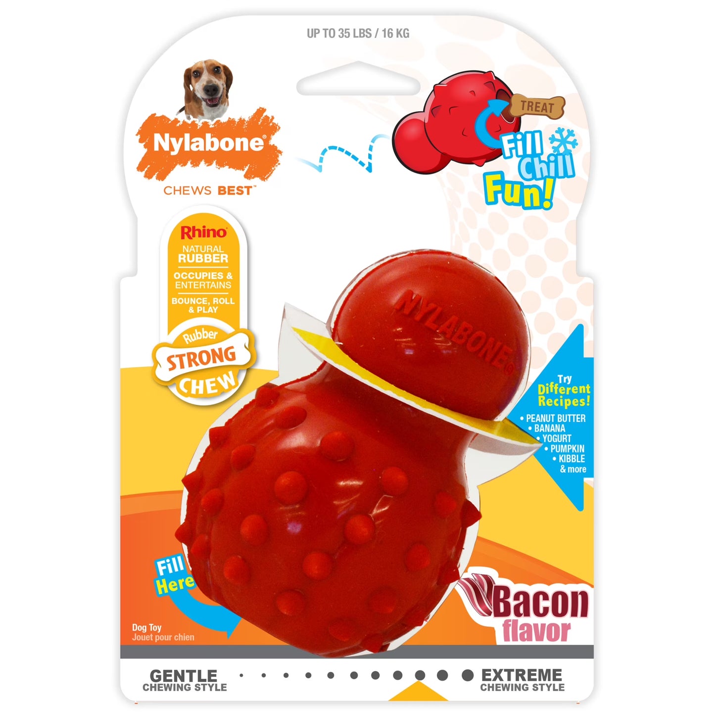 Strong Chew Rubber Stuffable Cone Dog Treat, Dog Toys, Bacon Flavor, Red, Medium