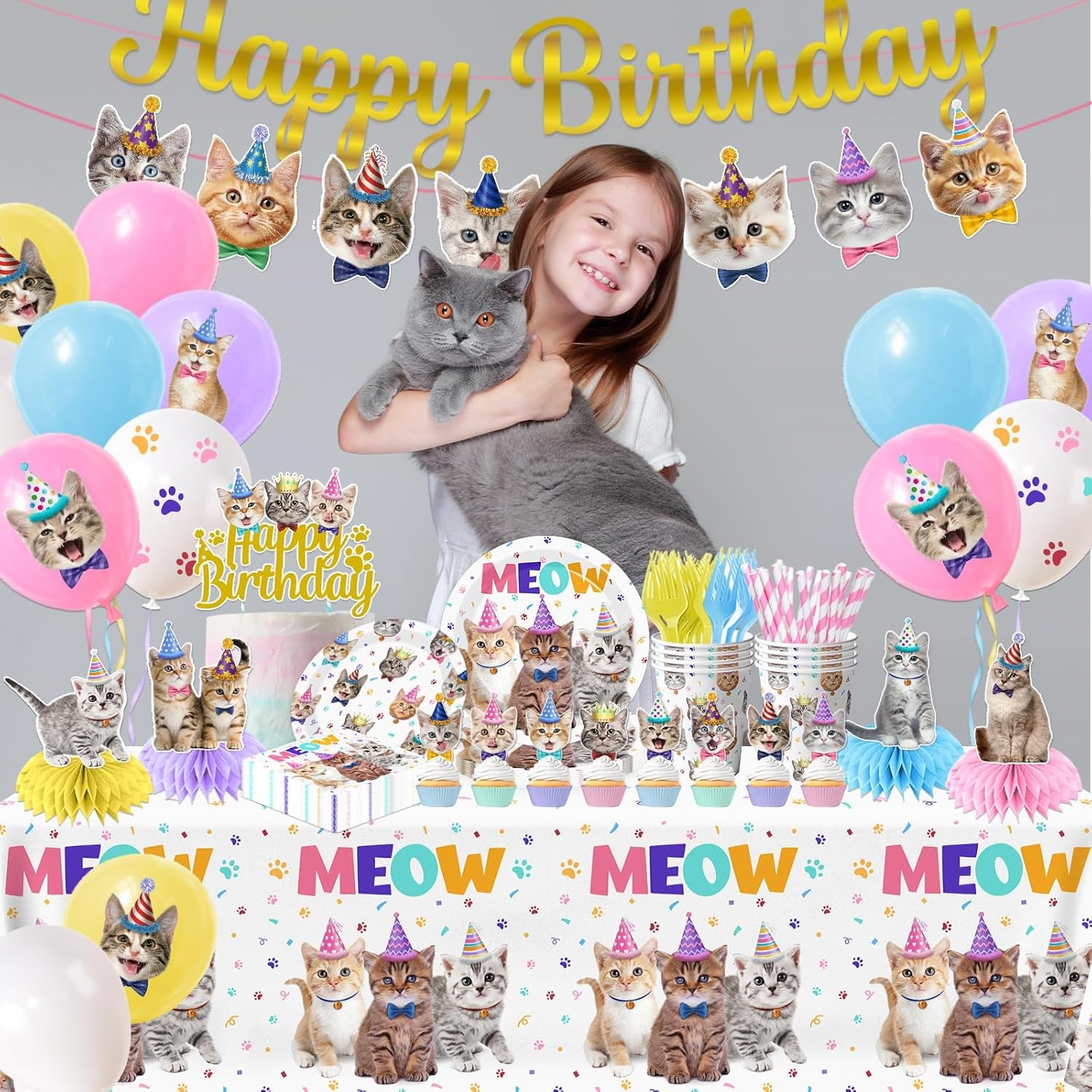 Cat Birthday Decorations,189Pcs Cat Party Decorations Cat Birthday Plates and Napkins Cups Tablecloth Cake Topper Hanging Swirls Centerpiece Balloon for Ca T Party Supplies