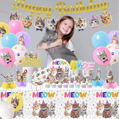 Cat Birthday Decorations,189Pcs Cat Party Decorations Cat Birthday Plates and Napkins Cups Tablecloth Cake Topper Hanging Swirls Centerpiece Balloon for Ca T Party Supplies