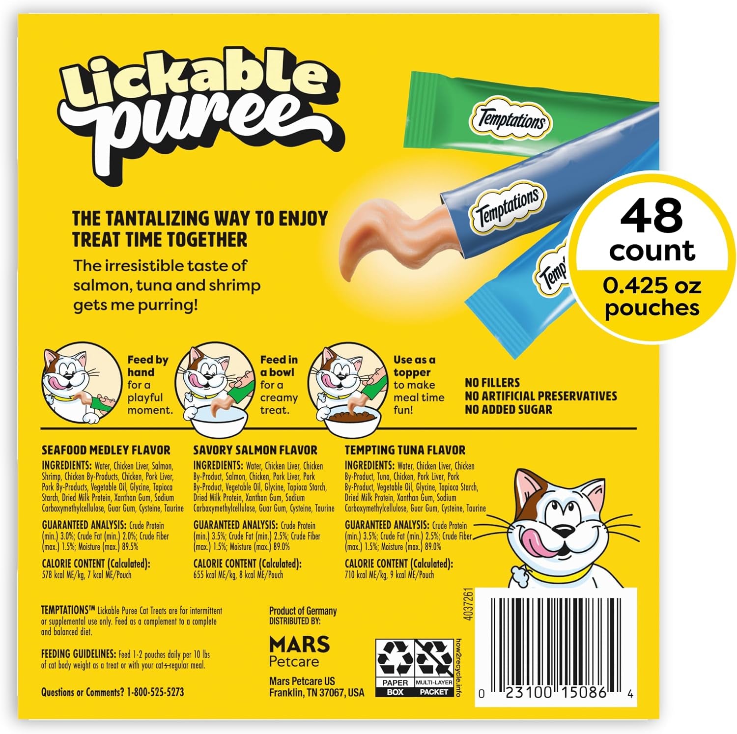 Creamy Puree Lickable Cat Treats, Seafood Variety, 48 Count | under 15 Calories per Tube, Great for Senior Cats, No Chewing Required, No Added Sugar, Wet Squeezable Treat, 0.42 Oz. Tubes