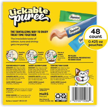 Creamy Puree Lickable Cat Treats, Seafood Variety, 48 Count | under 15 Calories per Tube, Great for Senior Cats, No Chewing Required, No Added Sugar, Wet Squeezable Treat, 0.42 Oz. Tubes