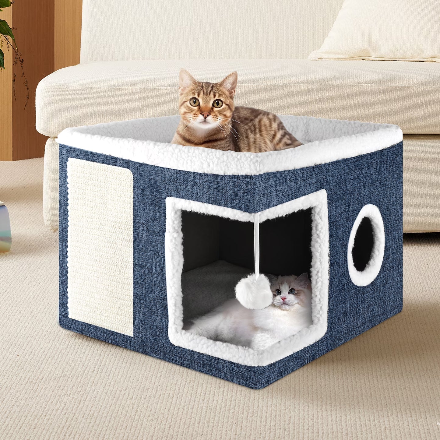 Cat Bed  Cat House for Indoor Cats with 2 Cushion, Large Cat Cave with Scratch Pad and Fluffy Ball Hanging,Blue