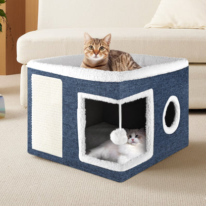 Cat Bed  Cat House for Indoor Cats with 2 Cushion, Large Cat Cave with Scratch Pad and Fluffy Ball Hanging,Blue