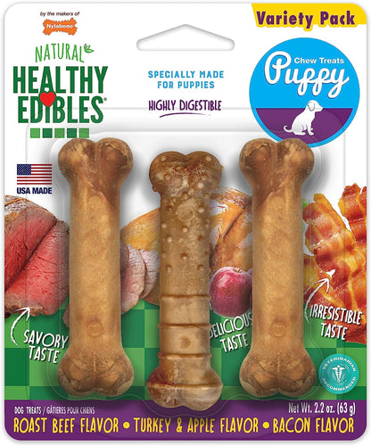 Healthy Edibles Puppy Dog Treats Variety Pack, 3 Count | Roast Beef, Turkey & Apple, Bacon Flavor, Natural Puppy Treats, Made in USA, Highly Digestible, for X-Small Dogs up to 15 Lbs