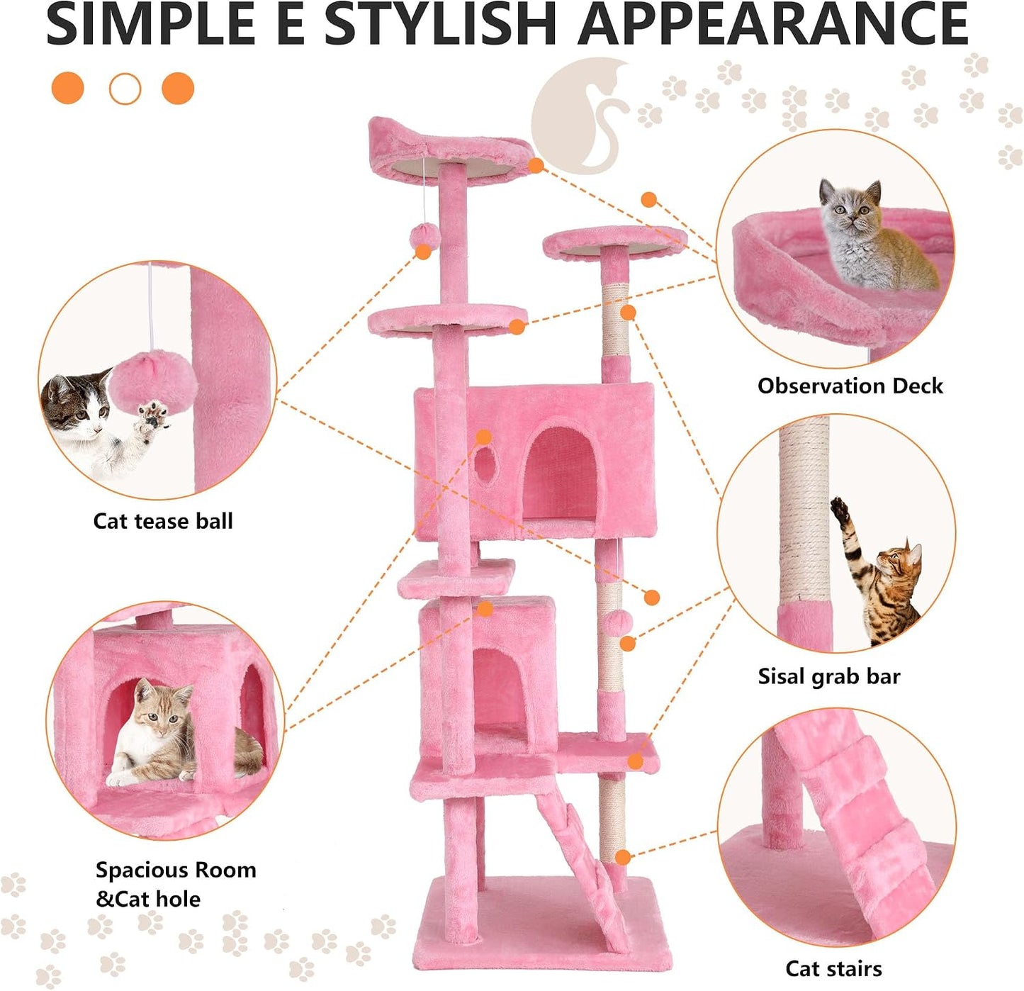 | 70" Cat Tree Tower | Pink | Sturdy, Easy to Assemble, Multi-Level Activity Center with Sisal Scratching Posts, Condos, Perches, Hanging Cat Toys, Observation Decks & Ladder