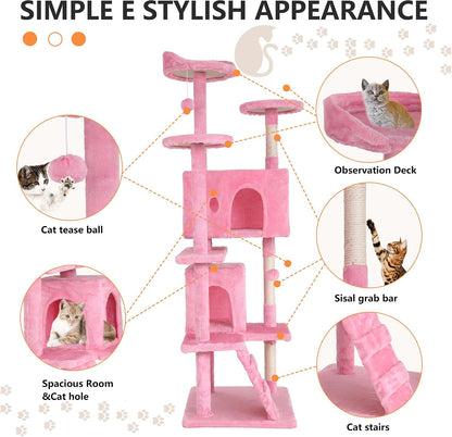 | 70" Cat Tree Tower | Pink | Sturdy, Easy to Assemble, Multi-Level Activity Center with Sisal Scratching Posts, Condos, Perches, Hanging Cat Toys, Observation Decks & Ladder