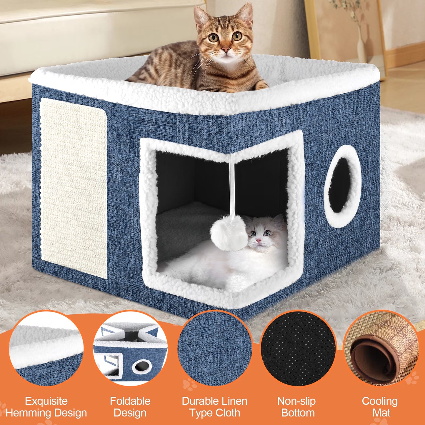 Cat Bed  Cat House for Indoor Cats with 2 Cushion, Large Cat Cave with Scratch Pad and Fluffy Ball Hanging,Blue