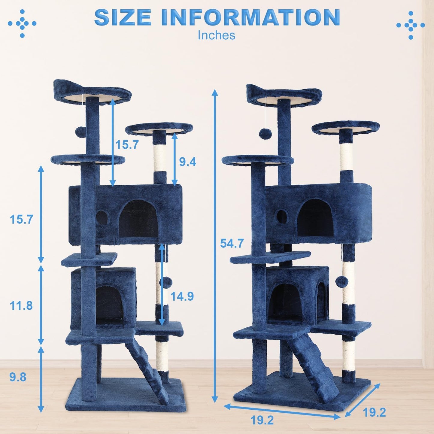 | 54" Cat Tree Tower | Navy Blue | Multi-Level Indoor Activity Center | with Sisal Scratching Posts, Condos, Plush Perches, Hanging Cat Toys | Sturdy, Easy to Assemble | for Kittens & Adult Cats