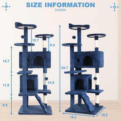 | 54" Cat Tree Tower | Navy Blue | Multi-Level Indoor Activity Center | with Sisal Scratching Posts, Condos, Plush Perches, Hanging Cat Toys | Sturdy, Easy to Assemble | for Kittens & Adult Cats