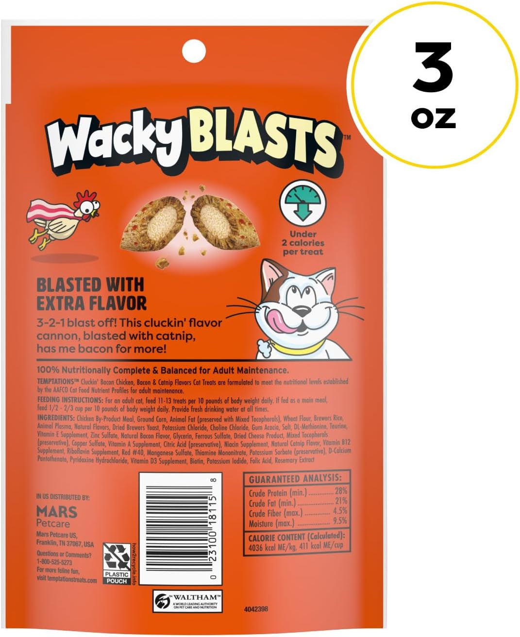 Wacky Blasts Cat Treats, Cluckin' Bacon Flavor, 3 Oz, 12 Pack | Chicken, Bacon & Catnip Flavor Bits, Crunchy Outside, Soft Inside, under 2 Cal, 100% Complete & Balanced, Resealable Pouch