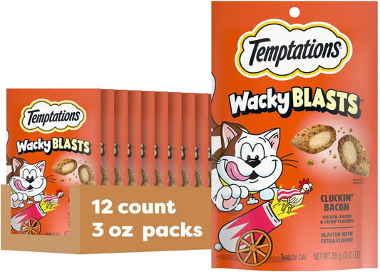Wacky Blasts Cat Treats, Cluckin' Bacon Flavor, 3 Oz, 12 Pack | Chicken, Bacon & Catnip Flavor Bits, Crunchy Outside, Soft Inside, under 2 Cal, 100% Complete & Balanced, Resealable Pouch