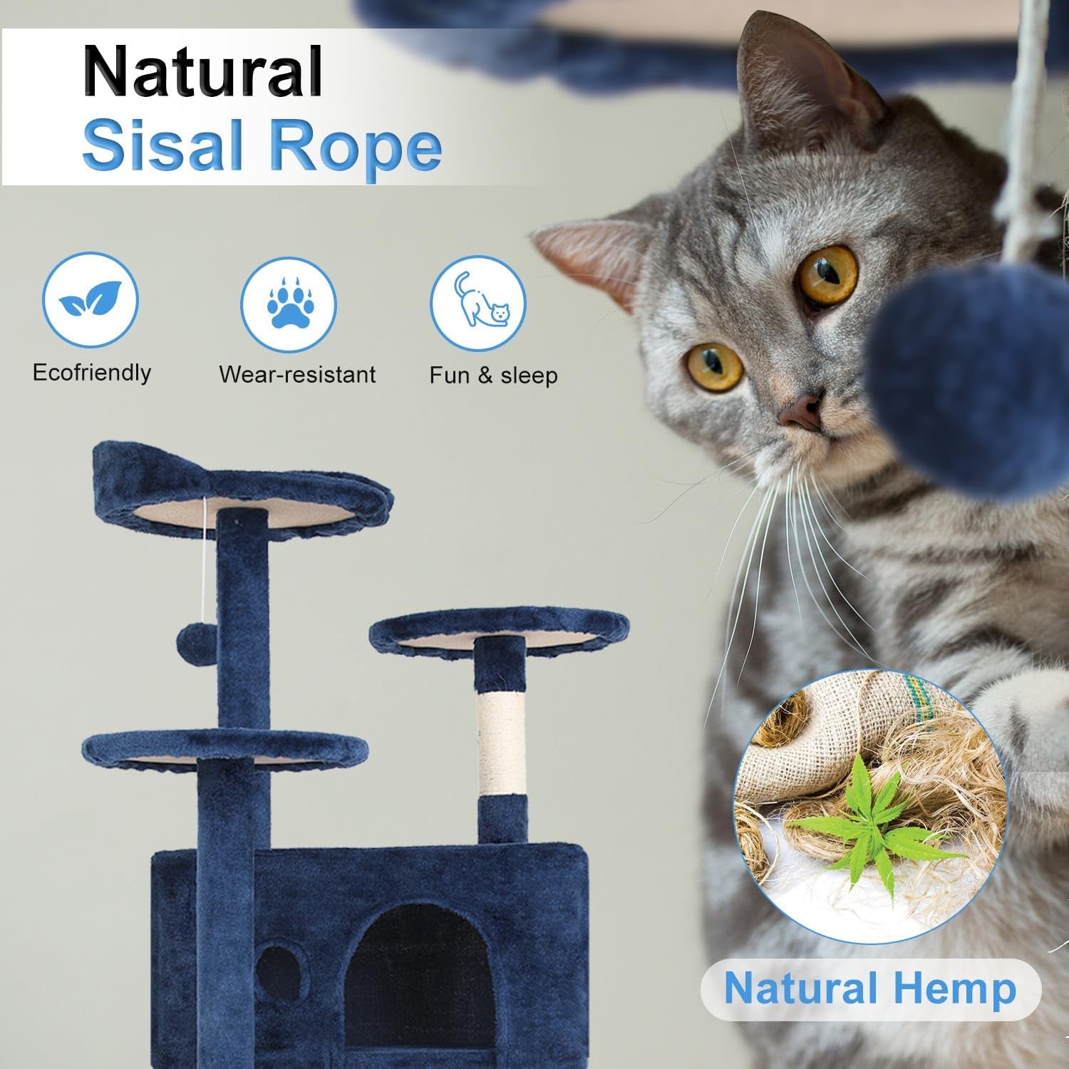 | 54" Cat Tree Tower | Navy Blue | Multi-Level Indoor Activity Center | with Sisal Scratching Posts, Condos, Plush Perches, Hanging Cat Toys | Sturdy, Easy to Assemble | for Kittens & Adult Cats