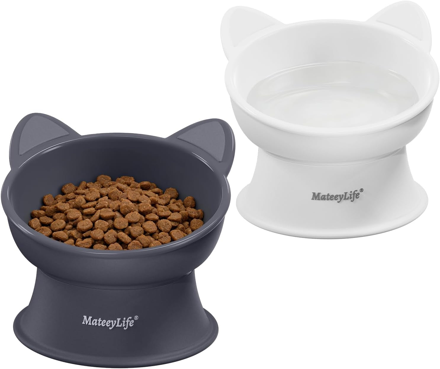 2 Pack Elevated Cat Food Bowls for Indoor Cats & Kittens | Raised Food and Water Bowl Set, Whisker Friendly & anti Vomit Feeding Pet Bowls, 6 Oz Each, Dishwasher Safe - White & Grey