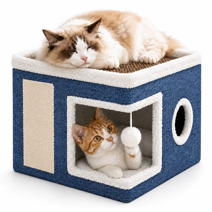 Cat Bed  Cat House for Indoor Cats with 2 Cushion, Large Cat Cave with Scratch Pad and Fluffy Ball Hanging,Blue