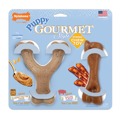 Juguetes Masticables Gourmet para Cachorros – Hueso y Wishbone, Sabor Tocino y Mantequilla de Cacahuate
