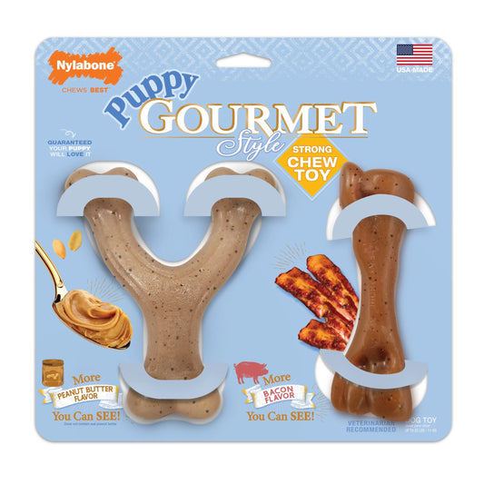 Strong Chew Gourmet Style Wishbone & Femur Bone Dog Toy, Dog Chew Toy, Peanut Butter & Bacon Flavor, Small, 2 Pack