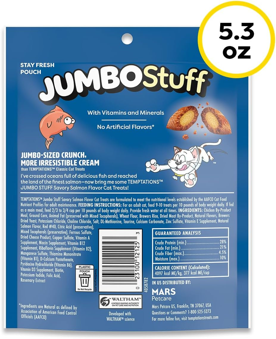 Jumbo Stuff Crunchy & Soft Cat Treats, Salmon, 5.3 Oz, 10 Pack | Crunchy Outside, Soft Inside, under 2 Calories per Treat, Resealable Stay-Fresh Pouches, 100% Complete & Balanced