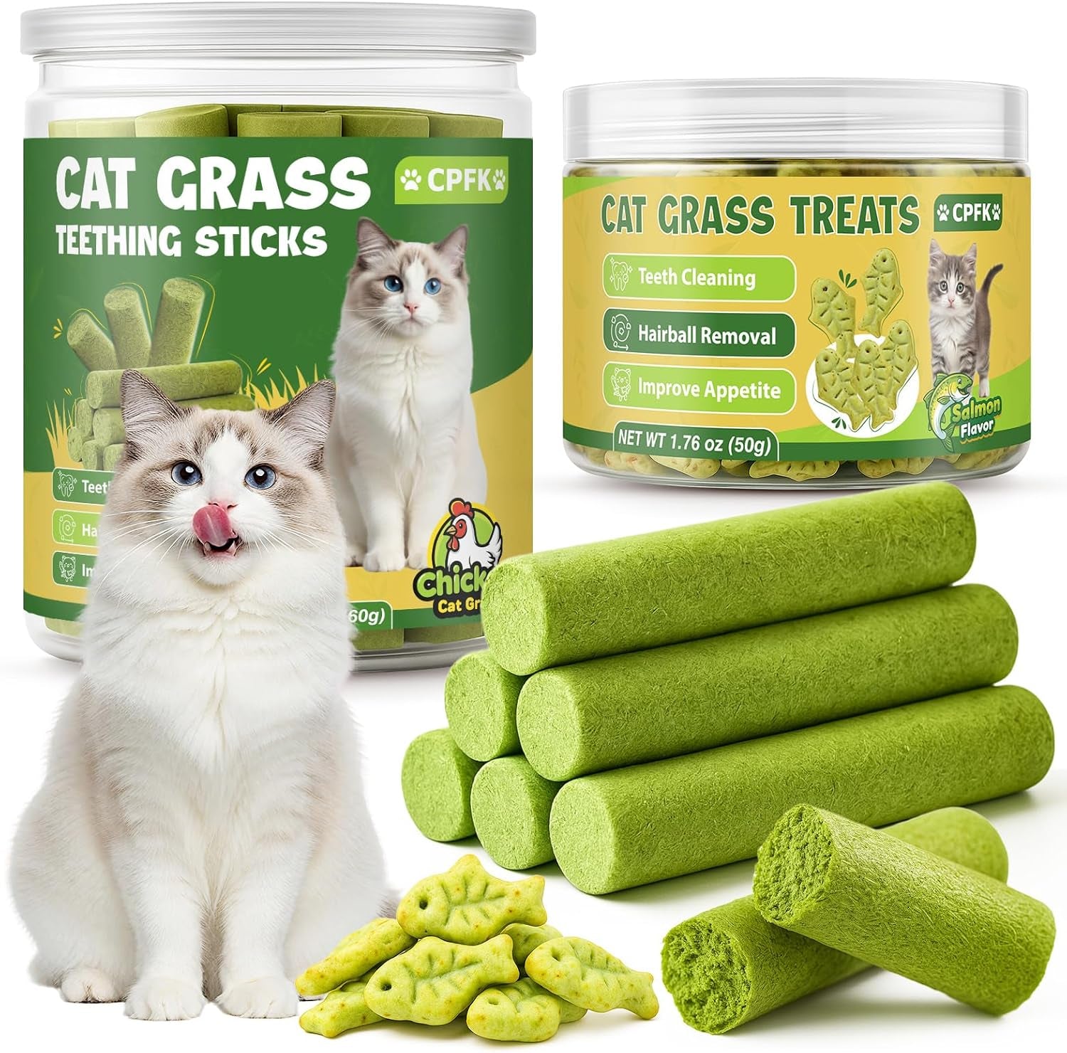 Cat Grass Sticks, 60 G Cat Grass Teething Stick and 50 G Cats Treats, Natural Dental Chews for Teeth Cleaning & Hairball Relief Teething Sticks for Indoor Cats Grain-Free