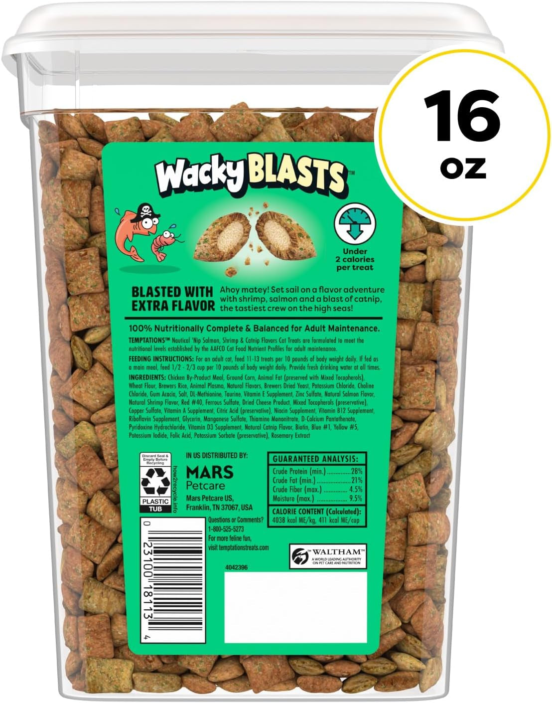 Wacky Blasts Cat Treats, Nautical 'Nip Flavor, 16 Oz | Salmon, Shrimp & Catnip Flavor Bits, Crunchy Outside/Soft Inside, under 2 Cal per Treat, 100% Complete Nutrition, Resealable