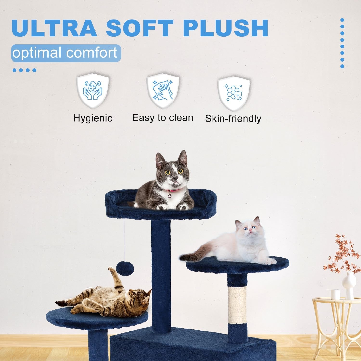 | 54" Cat Tree Tower | Navy Blue | Multi-Level Indoor Activity Center | with Sisal Scratching Posts, Condos, Plush Perches, Hanging Cat Toys | Sturdy, Easy to Assemble | for Kittens & Adult Cats