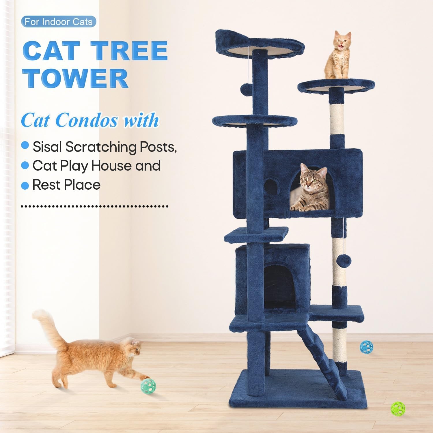 | 54" Cat Tree Tower | Navy Blue | Multi-Level Indoor Activity Center | with Sisal Scratching Posts, Condos, Plush Perches, Hanging Cat Toys | Sturdy, Easy to Assemble | for Kittens & Adult Cats