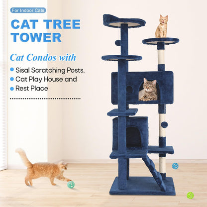 | 54" Cat Tree Tower | Navy Blue | Multi-Level Indoor Activity Center | with Sisal Scratching Posts, Condos, Plush Perches, Hanging Cat Toys | Sturdy, Easy to Assemble | for Kittens & Adult Cats