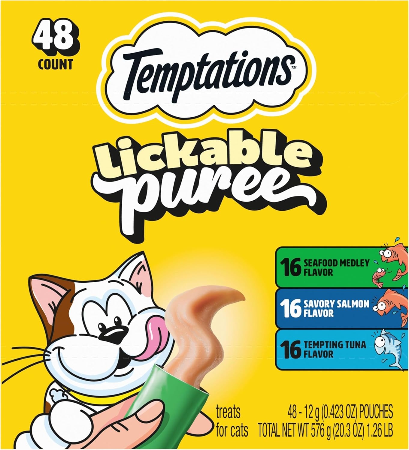 Creamy Puree Lickable Cat Treats, Seafood Variety, 48 Count | under 15 Calories per Tube, Great for Senior Cats, No Chewing Required, No Added Sugar, Wet Squeezable Treat, 0.42 Oz. Tubes