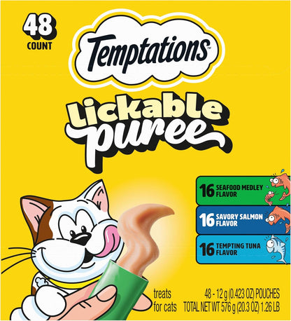 Creamy Puree Lickable Cat Treats, Seafood Variety, 48 Count | under 15 Calories per Tube, Great for Senior Cats, No Chewing Required, No Added Sugar, Wet Squeezable Treat, 0.42 Oz. Tubes