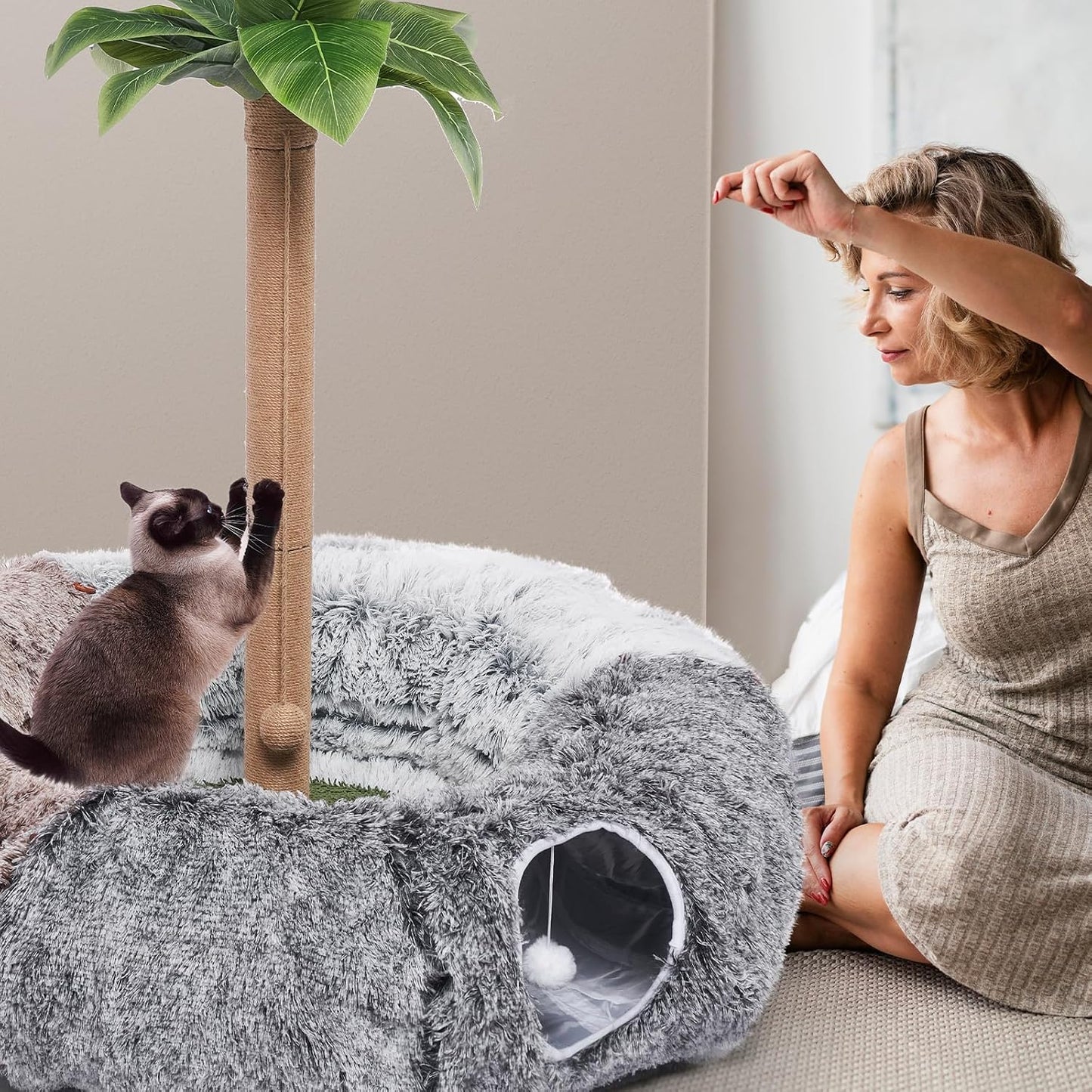 Large Cats Tunnels for Indoor Cats Fluffy Warm Cat Bed and Detachable Cave Tunnels with 20 Pet Toys, Donut Tunnel and Variety Kitten Toy Set for Playing
