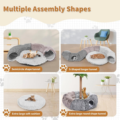 Large Cats Tunnels for Indoor Cats Fluffy Warm Cat Bed and Detachable Cave Tunnels with 20 Pet Toys, Donut Tunnel and Variety Kitten Toy Set for Playing
