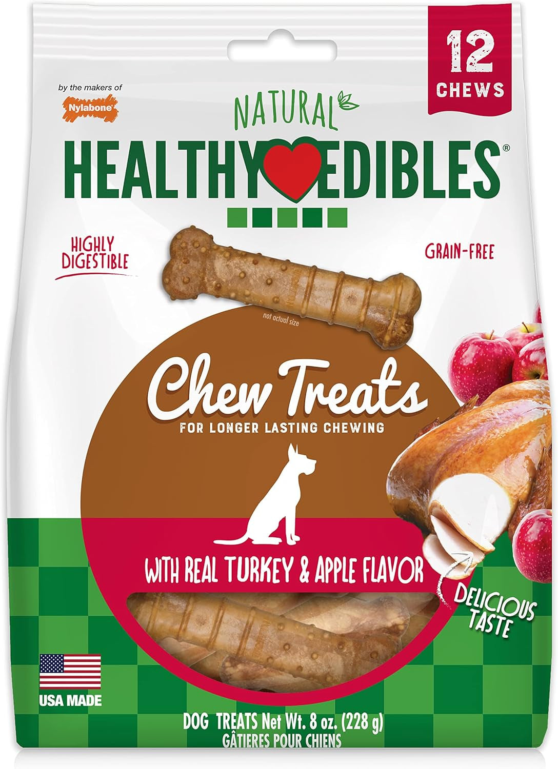 Healthy Edibles Dog Treats, Turkey & Apple Flavor, 12 Count | X-Small, Made with Real Turkey, Usa-Made Natural Dog Chews, Highly Digestible, Long Lasting Chews for Small Dogs up to 15 Lbs