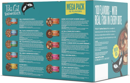 Tiki Cat Seafood Selects Variety Pack, High Protein with Real Flaked Fish, Wet Cat Food Mega Pack for Adult Cats, 2.8Oz. Can (24 Count)