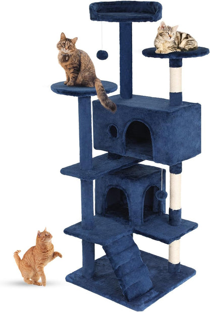 | 54" Cat Tree Tower | Navy Blue | Multi-Level Indoor Activity Center | with Sisal Scratching Posts, Condos, Plush Perches, Hanging Cat Toys | Sturdy, Easy to Assemble | for Kittens & Adult Cats