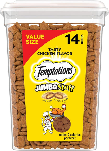 Jumbo Stuff Crunchy & Soft Cat Treats, Chicken, 14 Oz | 100% Complete & Balanced for Adult Cats, under 2 Calories per Treat, Bigger than Classic, Resealable Stay-Fresh Tub