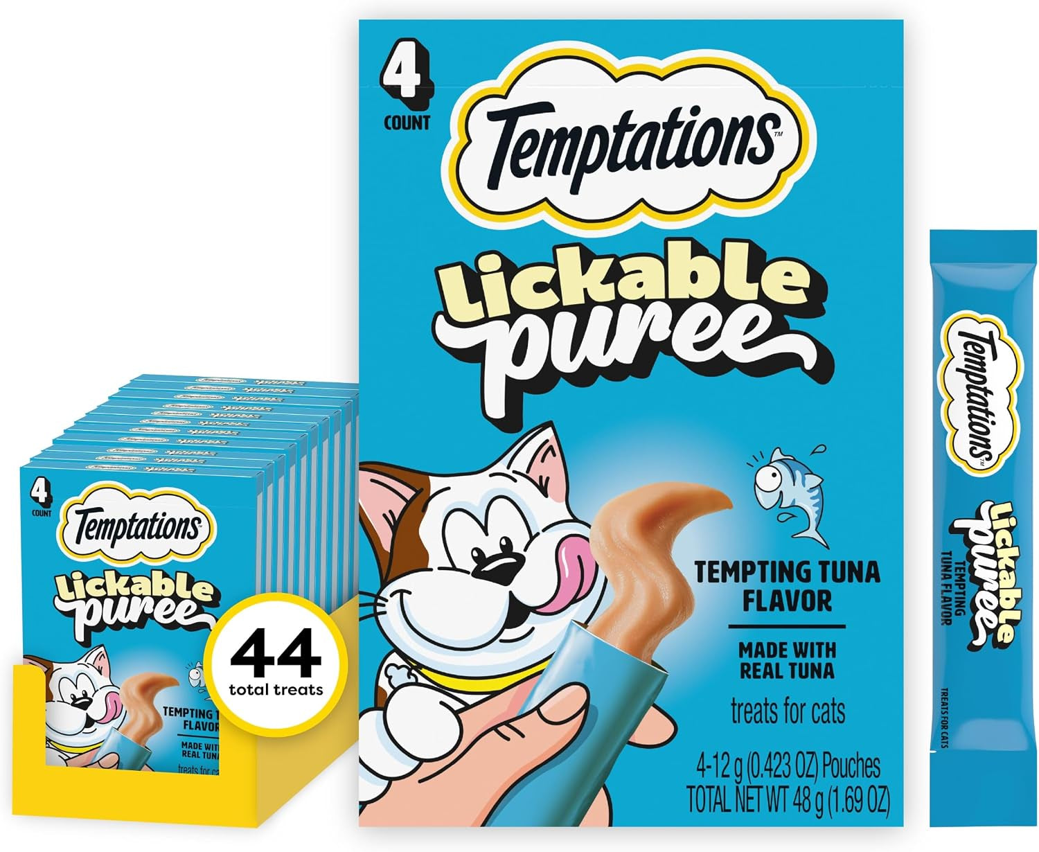 Creamy Puree Lickable Cat Treats, Tuna, 4 Count, 11 Pack | under 15 Calories per Tube, Great for Senior Cats, No Chewing Required, No Added Sugar, Wet Squeezable Treat, 0.42 Oz. Tubes