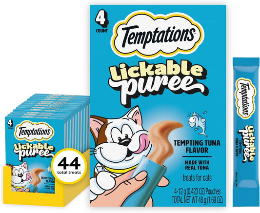 Creamy Puree Lickable Cat Treats, Tuna, 4 Count, 11 Pack | under 15 Calories per Tube, Great for Senior Cats, No Chewing Required, No Added Sugar, Wet Squeezable Treat, 0.42 Oz. Tubes