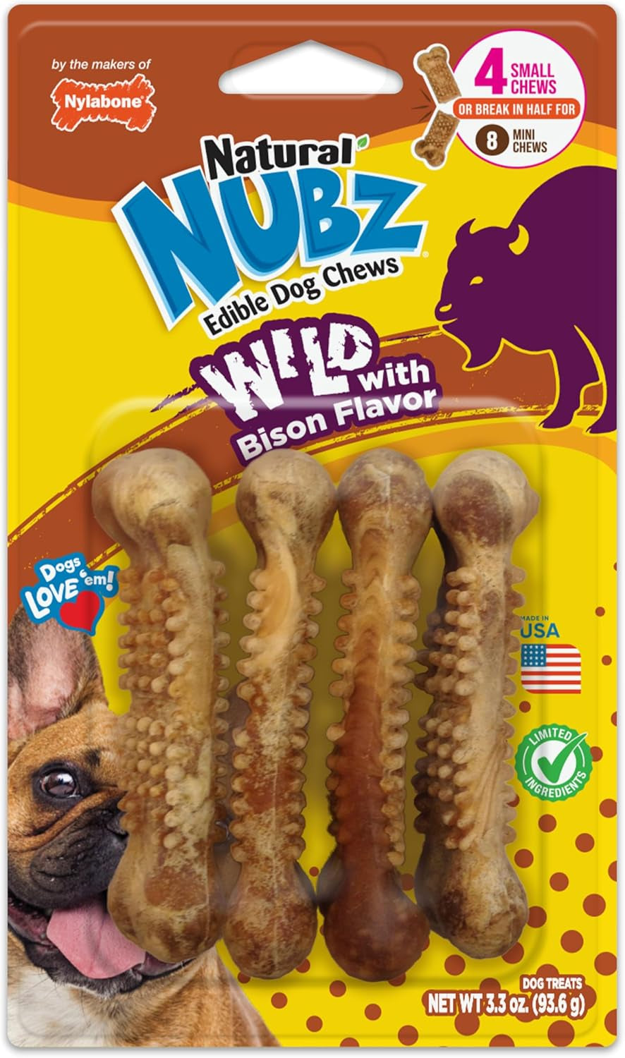 Nubz Wild Natural Dog Treats, Bison Flavor, Small, 4 Count | Long Lasting Dog Chews, Made in USA, Limited Ingredients, Highly Digestible, Dog Dental Treats for Small Dogs up to 30 Lbs