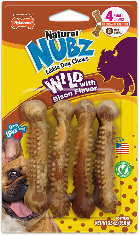 Nubz Wild Natural Dog Treats, Bison Flavor, Small, 4 Count | Long Lasting Dog Chews, Made in USA, Limited Ingredients, Highly Digestible, Dog Dental Treats for Small Dogs up to 30 Lbs