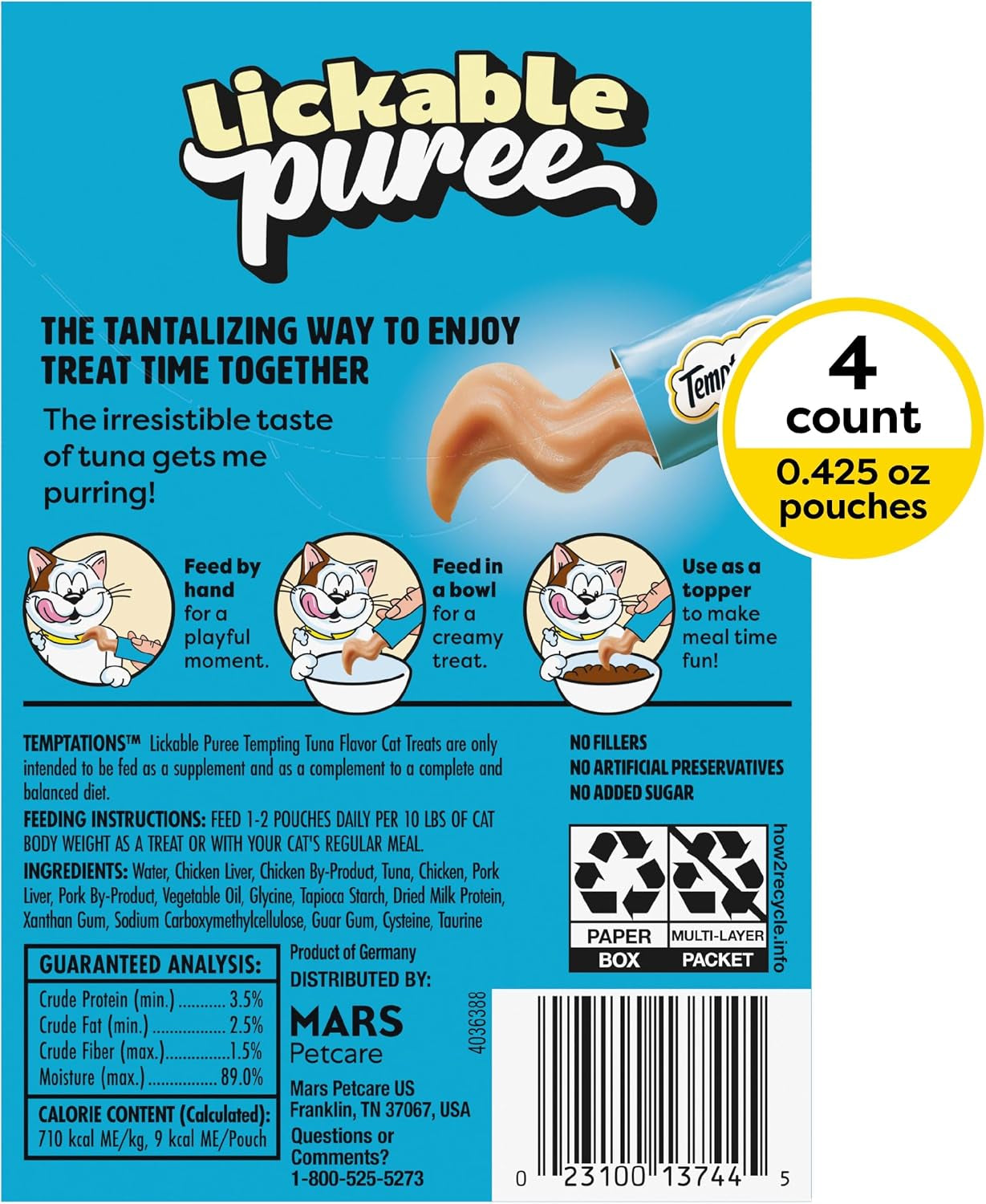 Creamy Puree Lickable Cat Treats, Tuna, 4 Count, 11 Pack | under 15 Calories per Tube, Great for Senior Cats, No Chewing Required, No Added Sugar, Wet Squeezable Treat, 0.42 Oz. Tubes