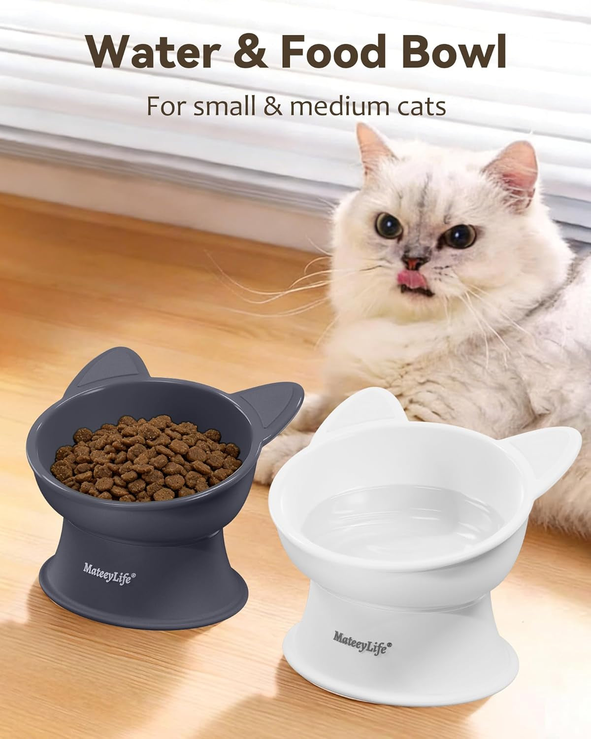 2 Pack Elevated Cat Food Bowls for Indoor Cats & Kittens | Raised Food and Water Bowl Set, Whisker Friendly & anti Vomit Feeding Pet Bowls, 6 Oz Each, Dishwasher Safe - White & Grey