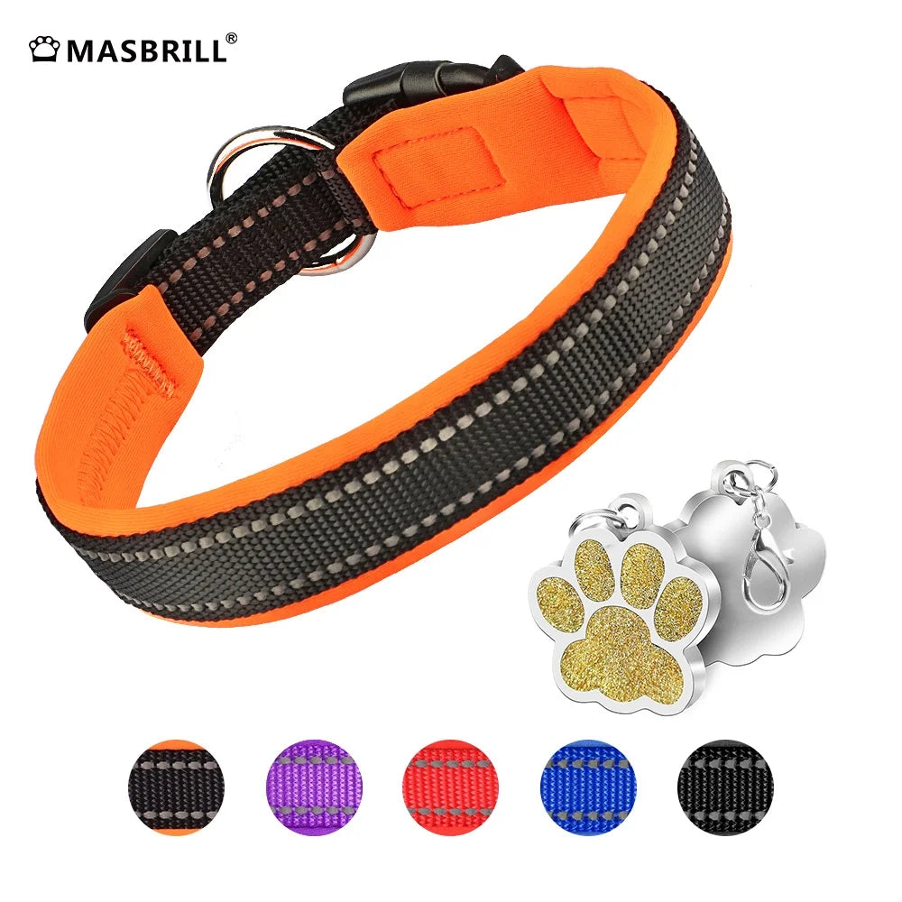 Dog Collar with Dog Tag Reflective Soft Neoprene Padded Breathable and Adjustable, Odour Resistant and Fast Drying-Orange-M